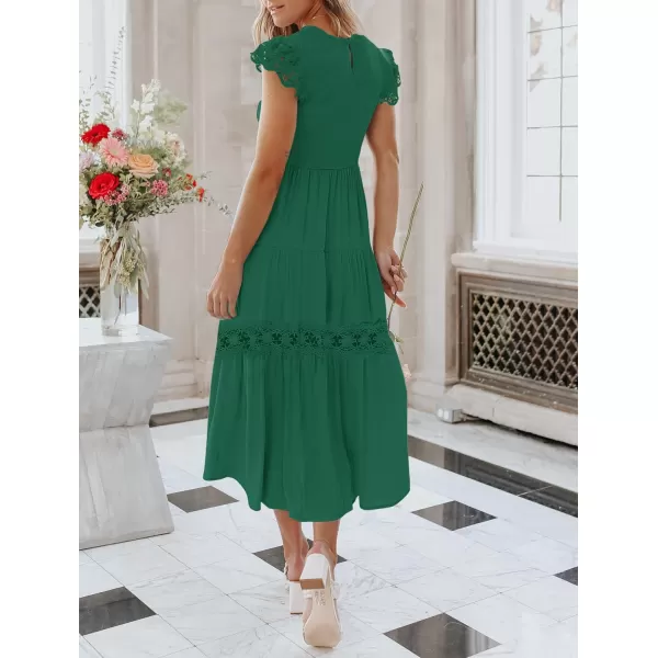 imageZESICA Womens 2023 Casual Crew Neck Flutter Sleeve Smocked High Waist Hollow Out Lace Trim Tiered A Line Midi DressForestgreen