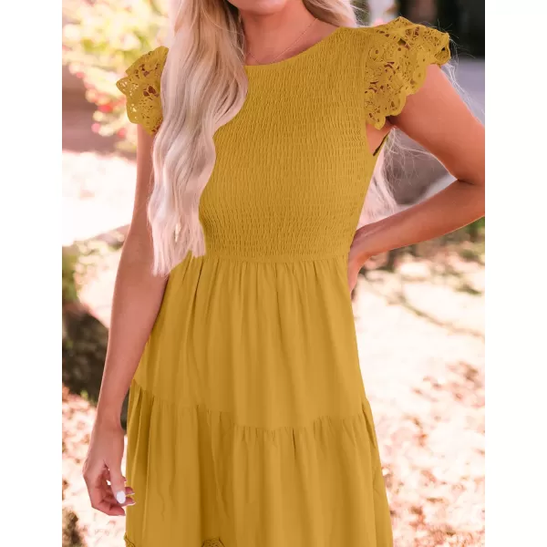 imageZESICA Womens 2023 Casual Crew Neck Flutter Sleeve Smocked High Waist Hollow Out Lace Trim Tiered A Line Midi DressGinger