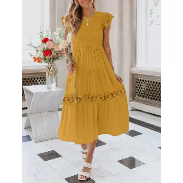 imageZESICA Womens 2023 Casual Crew Neck Flutter Sleeve Smocked High Waist Hollow Out Lace Trim Tiered A Line Midi DressGinger