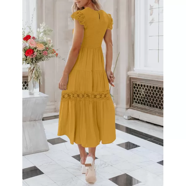 imageZESICA Womens 2023 Casual Crew Neck Flutter Sleeve Smocked High Waist Hollow Out Lace Trim Tiered A Line Midi DressGinger