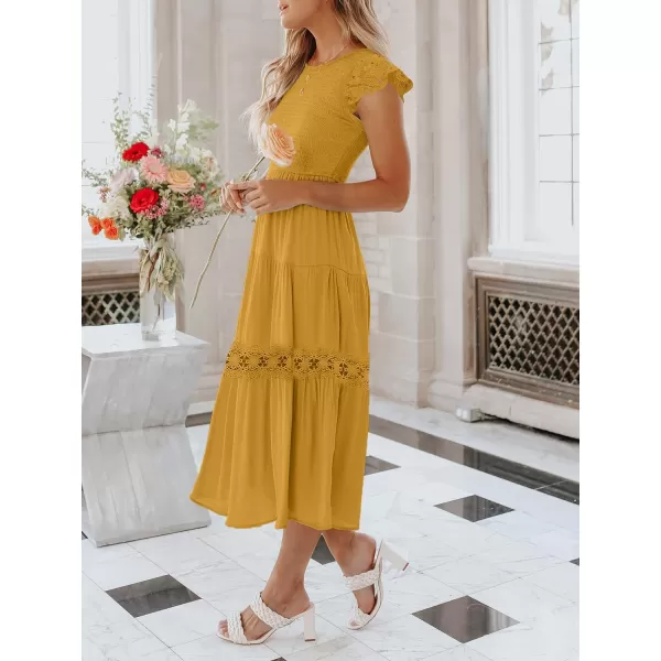 imageZESICA Womens 2023 Casual Crew Neck Flutter Sleeve Smocked High Waist Hollow Out Lace Trim Tiered A Line Midi DressGinger
