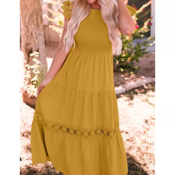 imageZESICA Womens 2023 Casual Crew Neck Flutter Sleeve Smocked High Waist Hollow Out Lace Trim Tiered A Line Midi DressGinger