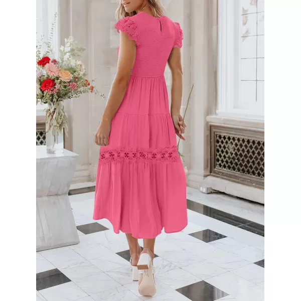 imageZESICA Womens 2023 Casual Crew Neck Flutter Sleeve Smocked High Waist Hollow Out Lace Trim Tiered A Line Midi DressHotpink