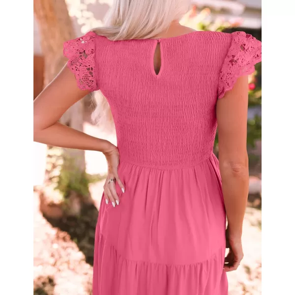 imageZESICA Womens 2023 Casual Crew Neck Flutter Sleeve Smocked High Waist Hollow Out Lace Trim Tiered A Line Midi DressHotpink