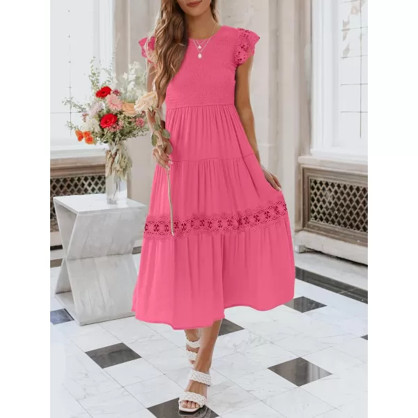 imageZESICA Womens 2023 Casual Crew Neck Flutter Sleeve Smocked High Waist Hollow Out Lace Trim Tiered A Line Midi DressHotpink