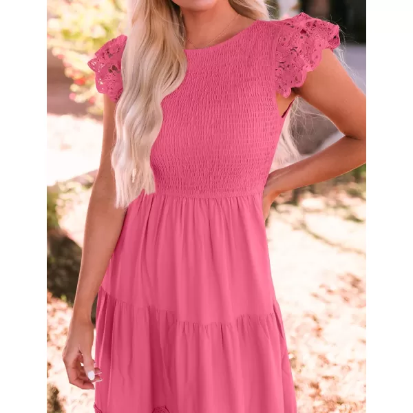 imageZESICA Womens 2023 Casual Crew Neck Flutter Sleeve Smocked High Waist Hollow Out Lace Trim Tiered A Line Midi DressHotpink