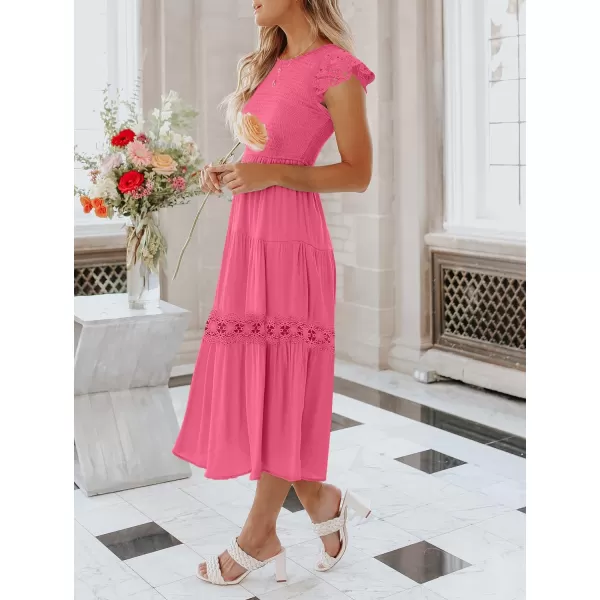 imageZESICA Womens 2023 Casual Crew Neck Flutter Sleeve Smocked High Waist Hollow Out Lace Trim Tiered A Line Midi DressHotpink