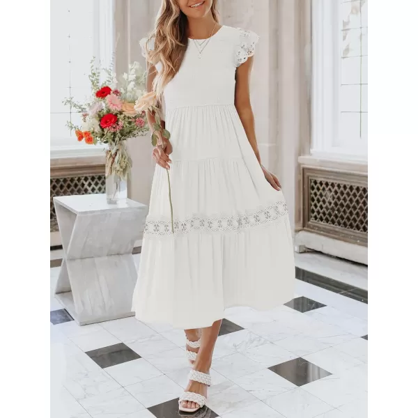 imageZESICA Womens 2023 Casual Crew Neck Flutter Sleeve Smocked High Waist Hollow Out Lace Trim Tiered A Line Midi DressIvory