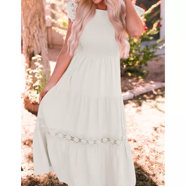 imageZESICA Womens 2023 Casual Crew Neck Flutter Sleeve Smocked High Waist Hollow Out Lace Trim Tiered A Line Midi DressIvory