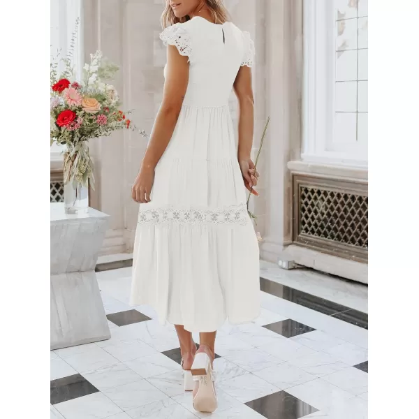 imageZESICA Womens 2023 Casual Crew Neck Flutter Sleeve Smocked High Waist Hollow Out Lace Trim Tiered A Line Midi DressIvory