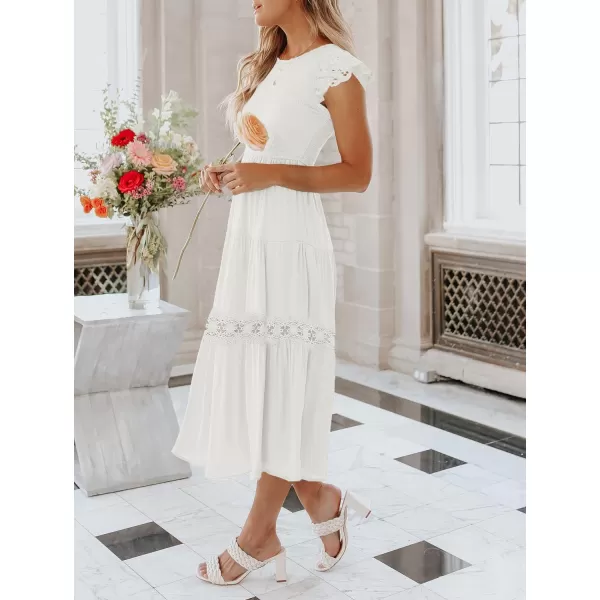 imageZESICA Womens 2023 Casual Crew Neck Flutter Sleeve Smocked High Waist Hollow Out Lace Trim Tiered A Line Midi DressIvory