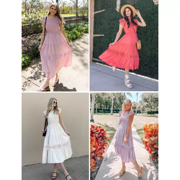 imageZESICA Womens 2023 Casual Crew Neck Flutter Sleeve Smocked High Waist Hollow Out Lace Trim Tiered A Line Midi DressIvory