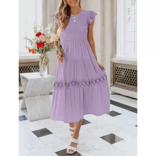 imageZESICA Womens 2023 Casual Crew Neck Flutter Sleeve Smocked High Waist Hollow Out Lace Trim Tiered A Line Midi DressLightpurple
