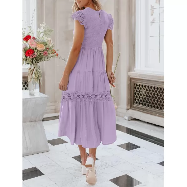 imageZESICA Womens 2023 Casual Crew Neck Flutter Sleeve Smocked High Waist Hollow Out Lace Trim Tiered A Line Midi DressLightpurple