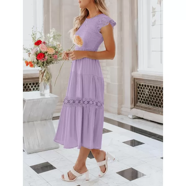 imageZESICA Womens 2023 Casual Crew Neck Flutter Sleeve Smocked High Waist Hollow Out Lace Trim Tiered A Line Midi DressLightpurple