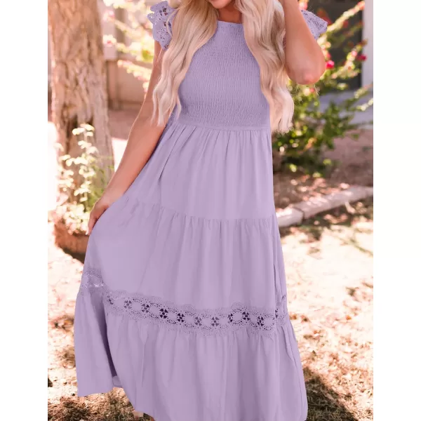 imageZESICA Womens 2023 Casual Crew Neck Flutter Sleeve Smocked High Waist Hollow Out Lace Trim Tiered A Line Midi DressLightpurple