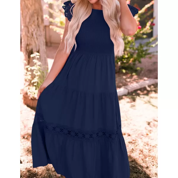 imageZESICA Womens 2023 Casual Crew Neck Flutter Sleeve Smocked High Waist Hollow Out Lace Trim Tiered A Line Midi DressNavy