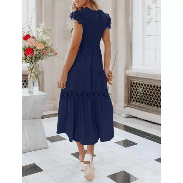 imageZESICA Womens 2023 Casual Crew Neck Flutter Sleeve Smocked High Waist Hollow Out Lace Trim Tiered A Line Midi DressNavy