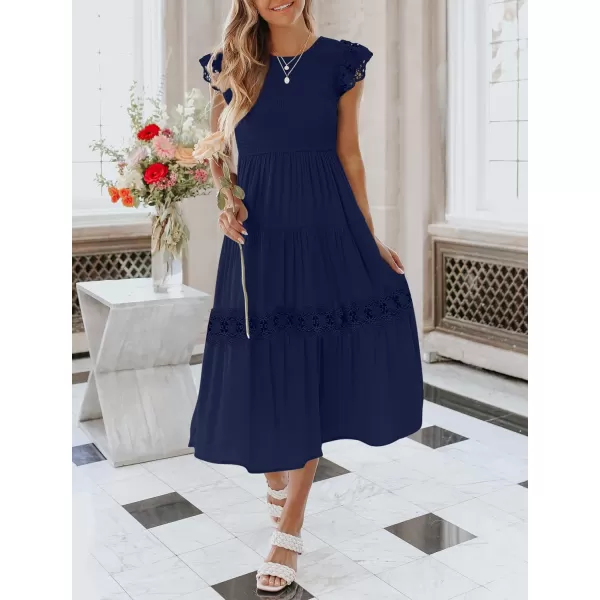 imageZESICA Womens 2023 Casual Crew Neck Flutter Sleeve Smocked High Waist Hollow Out Lace Trim Tiered A Line Midi DressNavy