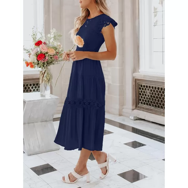 imageZESICA Womens 2023 Casual Crew Neck Flutter Sleeve Smocked High Waist Hollow Out Lace Trim Tiered A Line Midi DressNavy