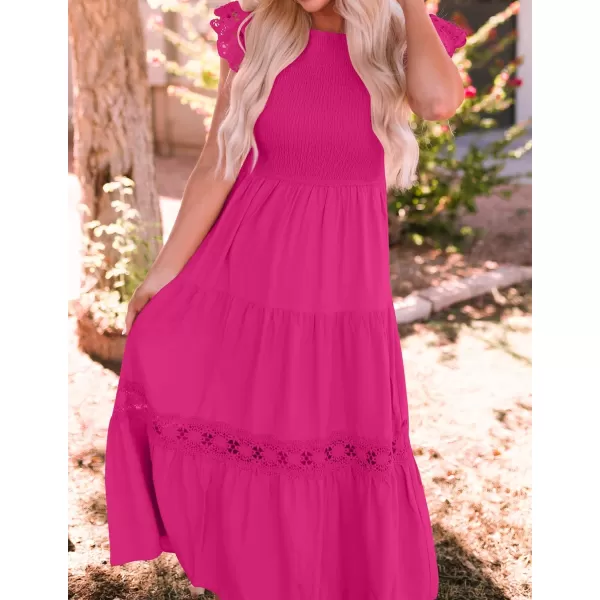 imageZESICA Womens 2023 Casual Crew Neck Flutter Sleeve Smocked High Waist Hollow Out Lace Trim Tiered A Line Midi DressRose