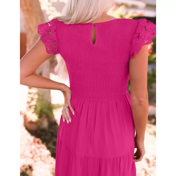 imageZESICA Womens 2023 Casual Crew Neck Flutter Sleeve Smocked High Waist Hollow Out Lace Trim Tiered A Line Midi DressRose