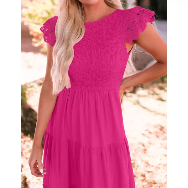 imageZESICA Womens 2023 Casual Crew Neck Flutter Sleeve Smocked High Waist Hollow Out Lace Trim Tiered A Line Midi DressRose