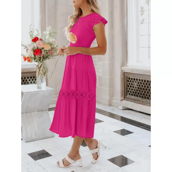 imageZESICA Womens 2023 Casual Crew Neck Flutter Sleeve Smocked High Waist Hollow Out Lace Trim Tiered A Line Midi DressRose