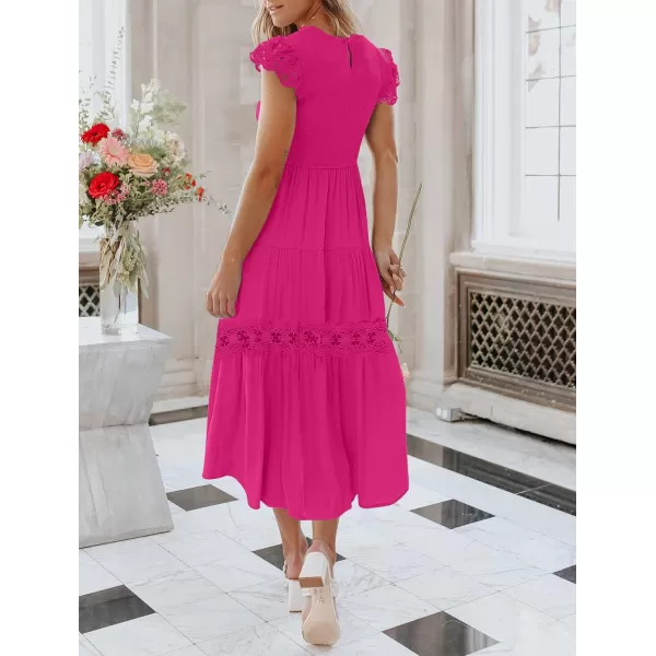 imageZESICA Womens 2023 Casual Crew Neck Flutter Sleeve Smocked High Waist Hollow Out Lace Trim Tiered A Line Midi DressRose
