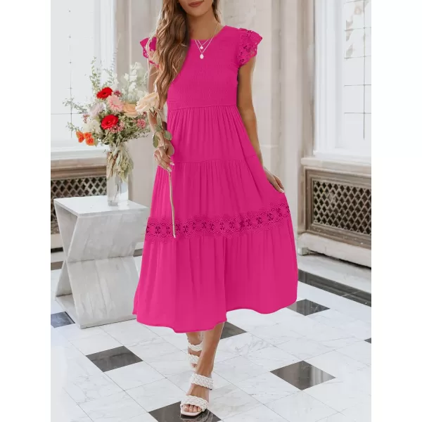 imageZESICA Womens 2023 Casual Crew Neck Flutter Sleeve Smocked High Waist Hollow Out Lace Trim Tiered A Line Midi DressRose