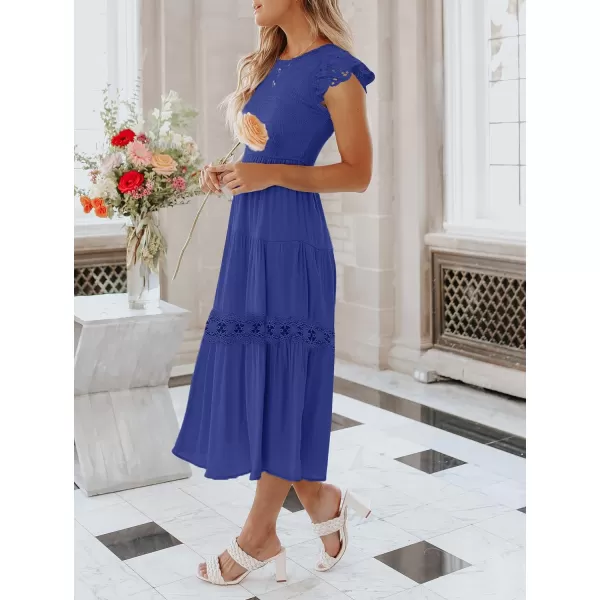 imageZESICA Womens 2023 Casual Crew Neck Flutter Sleeve Smocked High Waist Hollow Out Lace Trim Tiered A Line Midi DressRoyalblue
