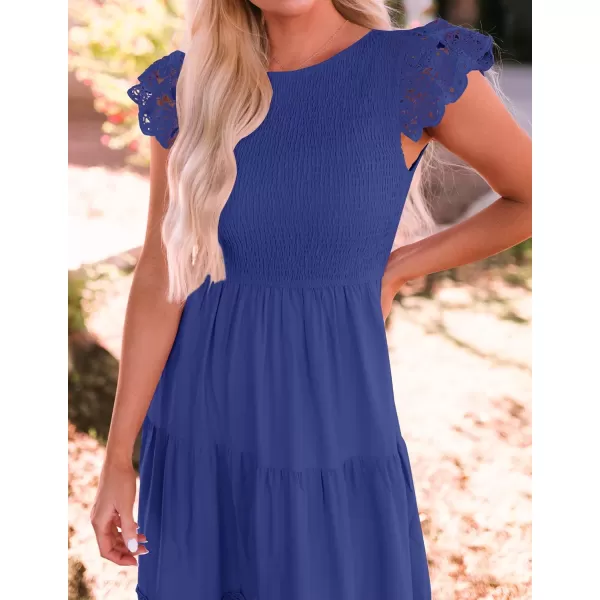 imageZESICA Womens 2023 Casual Crew Neck Flutter Sleeve Smocked High Waist Hollow Out Lace Trim Tiered A Line Midi DressRoyalblue