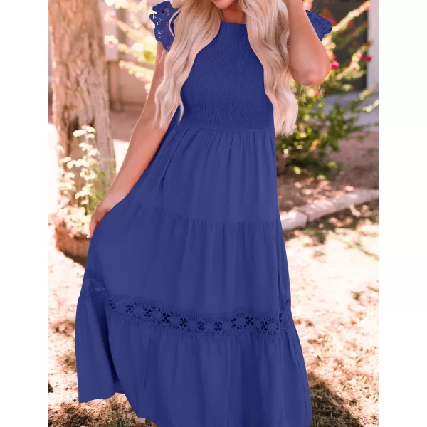 imageZESICA Womens 2023 Casual Crew Neck Flutter Sleeve Smocked High Waist Hollow Out Lace Trim Tiered A Line Midi DressRoyalblue