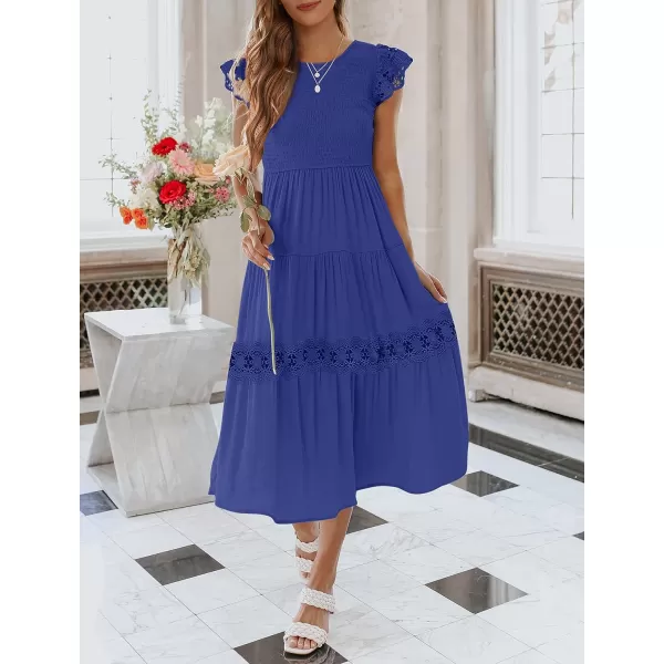 imageZESICA Womens 2023 Casual Crew Neck Flutter Sleeve Smocked High Waist Hollow Out Lace Trim Tiered A Line Midi DressRoyalblue