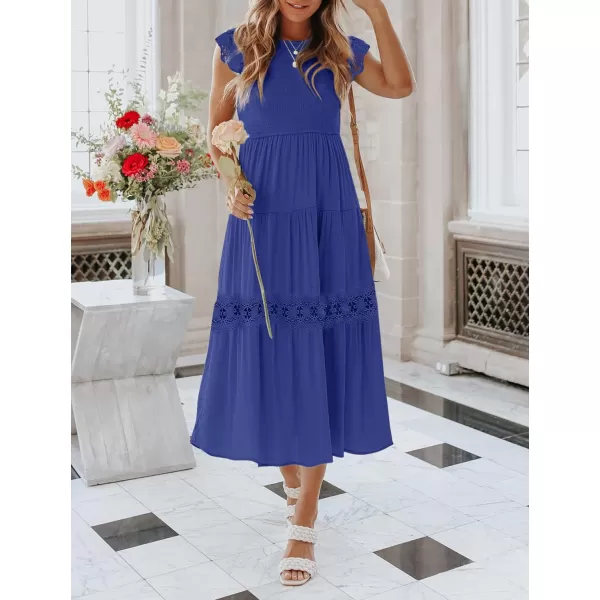 imageZESICA Womens 2023 Casual Crew Neck Flutter Sleeve Smocked High Waist Hollow Out Lace Trim Tiered A Line Midi DressRoyalblue