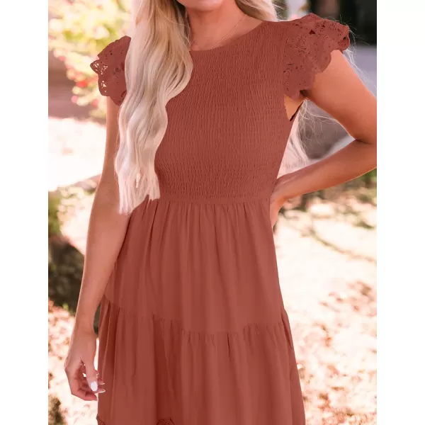 imageZESICA Womens 2023 Casual Crew Neck Flutter Sleeve Smocked High Waist Hollow Out Lace Trim Tiered A Line Midi DressRust