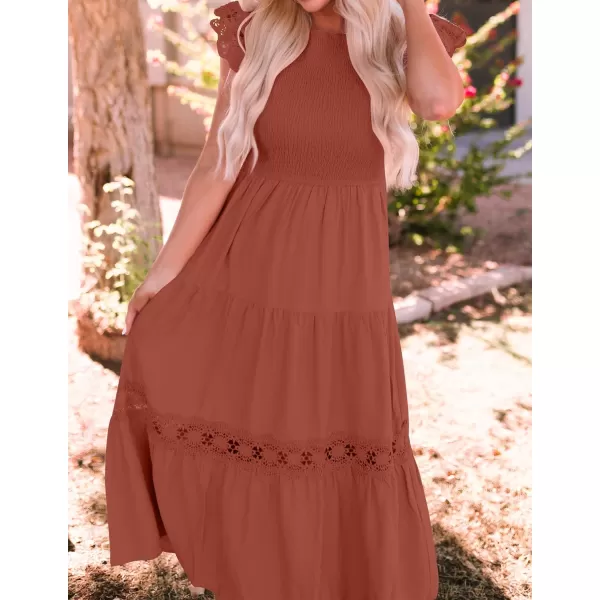 imageZESICA Womens 2023 Casual Crew Neck Flutter Sleeve Smocked High Waist Hollow Out Lace Trim Tiered A Line Midi DressRust