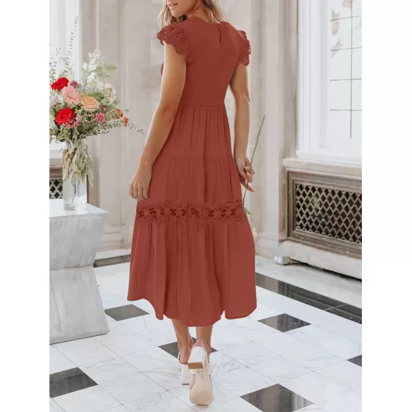 imageZESICA Womens 2023 Casual Crew Neck Flutter Sleeve Smocked High Waist Hollow Out Lace Trim Tiered A Line Midi DressRust