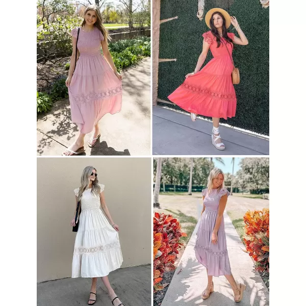 imageZESICA Womens 2023 Casual Crew Neck Flutter Sleeve Smocked High Waist Hollow Out Lace Trim Tiered A Line Midi DressRust
