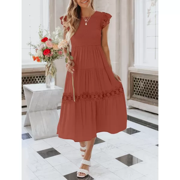 imageZESICA Womens 2023 Casual Crew Neck Flutter Sleeve Smocked High Waist Hollow Out Lace Trim Tiered A Line Midi DressRust