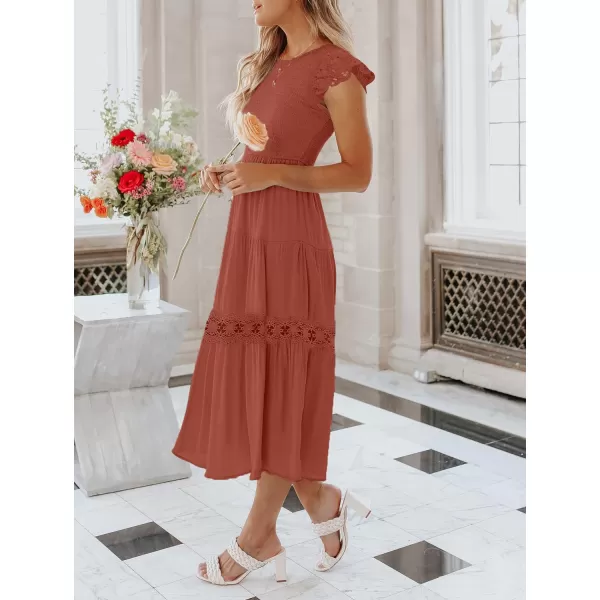 imageZESICA Womens 2023 Casual Crew Neck Flutter Sleeve Smocked High Waist Hollow Out Lace Trim Tiered A Line Midi DressRust