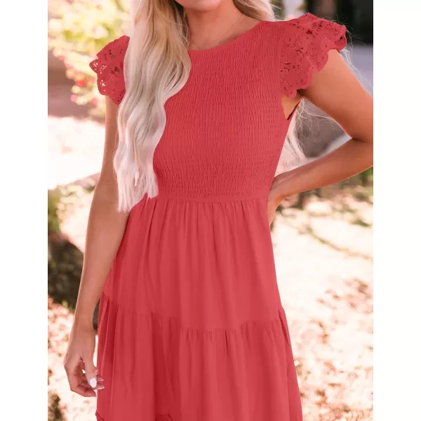 imageZESICA Womens 2023 Casual Crew Neck Flutter Sleeve Smocked High Waist Hollow Out Lace Trim Tiered A Line Midi DressWatermelon
