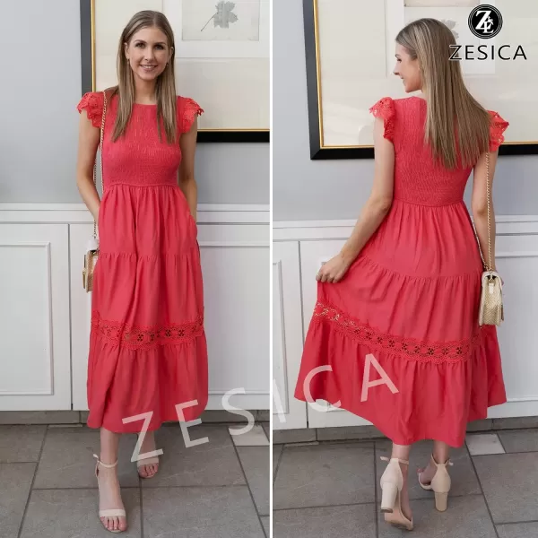 imageZESICA Womens 2023 Casual Crew Neck Flutter Sleeve Smocked High Waist Hollow Out Lace Trim Tiered A Line Midi DressWatermelon