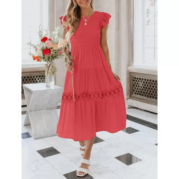 imageZESICA Womens 2023 Casual Crew Neck Flutter Sleeve Smocked High Waist Hollow Out Lace Trim Tiered A Line Midi DressWatermelon