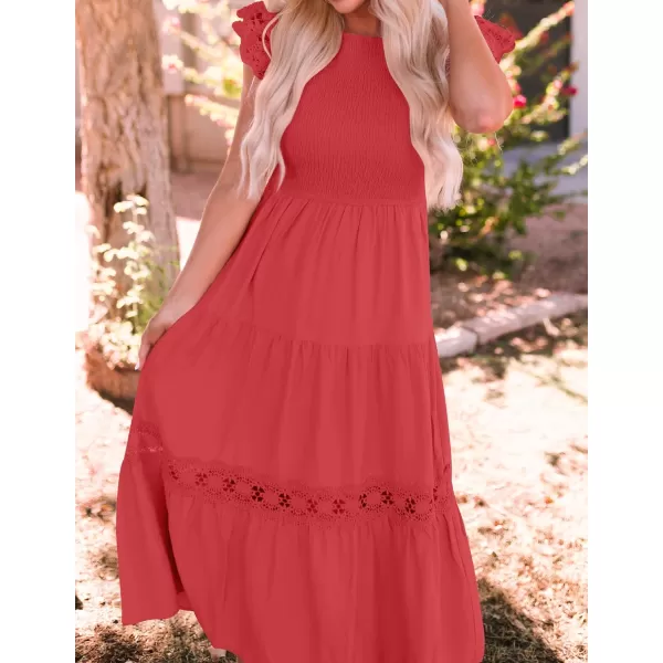 imageZESICA Womens 2023 Casual Crew Neck Flutter Sleeve Smocked High Waist Hollow Out Lace Trim Tiered A Line Midi DressWatermelon