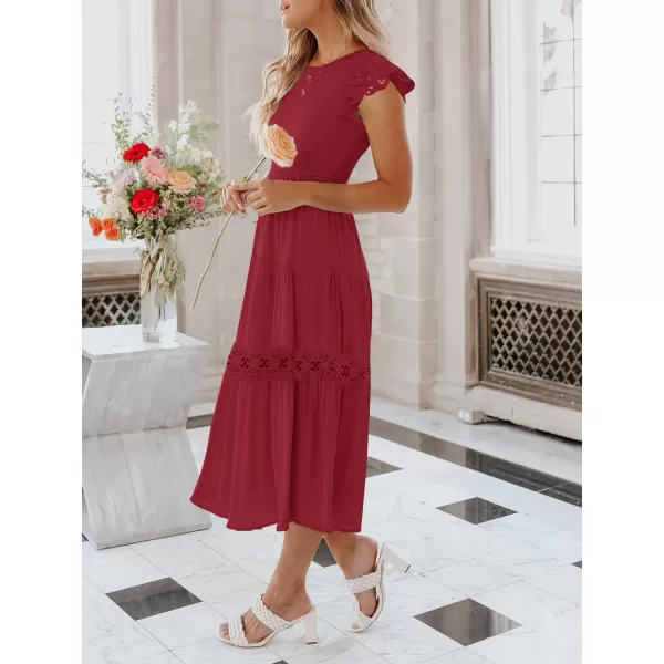 imageZESICA Womens 2023 Casual Crew Neck Flutter Sleeve Smocked High Waist Hollow Out Lace Trim Tiered A Line Midi DressWine