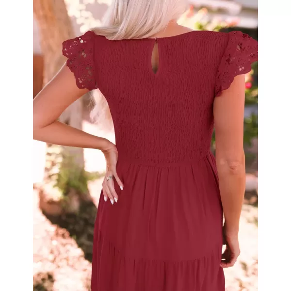 imageZESICA Womens 2023 Casual Crew Neck Flutter Sleeve Smocked High Waist Hollow Out Lace Trim Tiered A Line Midi DressWine