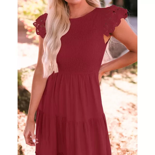imageZESICA Womens 2023 Casual Crew Neck Flutter Sleeve Smocked High Waist Hollow Out Lace Trim Tiered A Line Midi DressWine