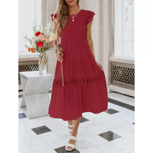 imageZESICA Womens 2023 Casual Crew Neck Flutter Sleeve Smocked High Waist Hollow Out Lace Trim Tiered A Line Midi DressWine