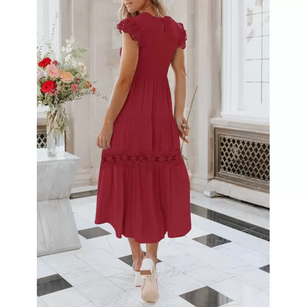 imageZESICA Womens 2023 Casual Crew Neck Flutter Sleeve Smocked High Waist Hollow Out Lace Trim Tiered A Line Midi DressWine